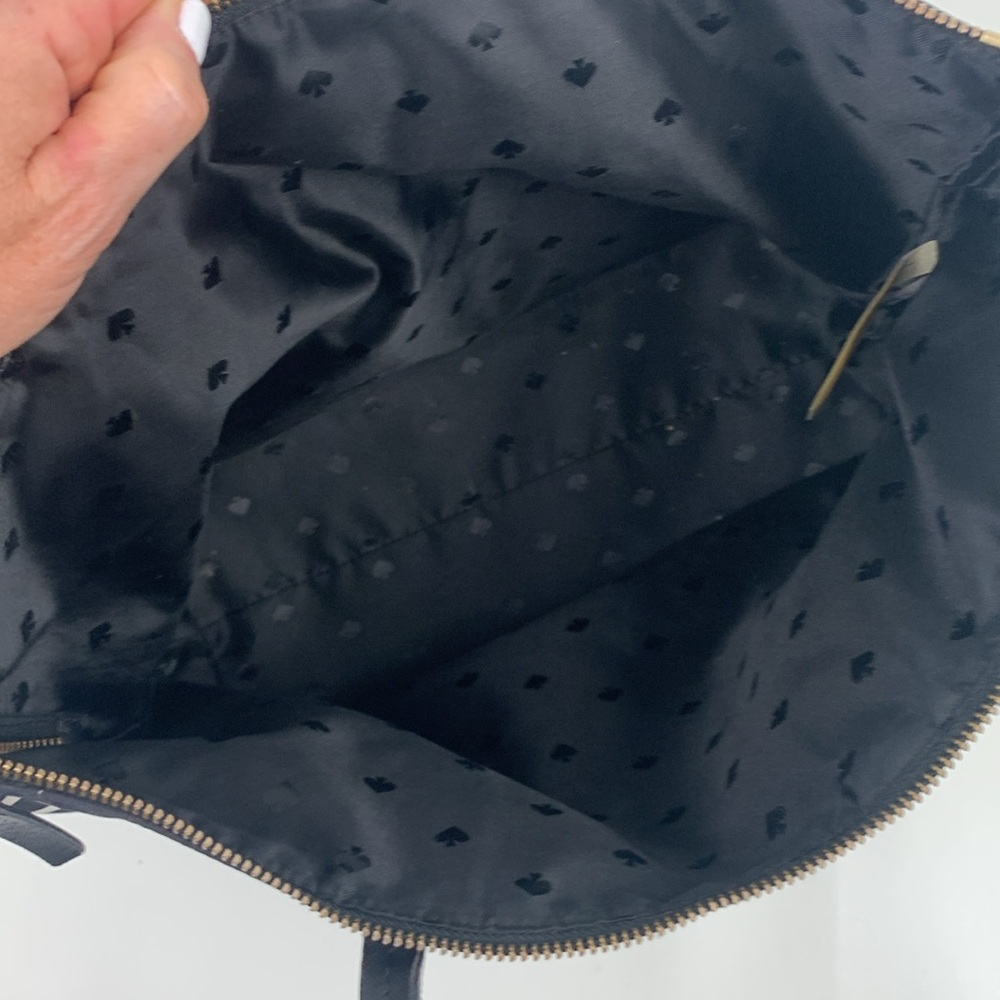 Kate Spade Black White Striped Tote shoulder Bag Gold Zip close Leather straps - Picture 8 of 15